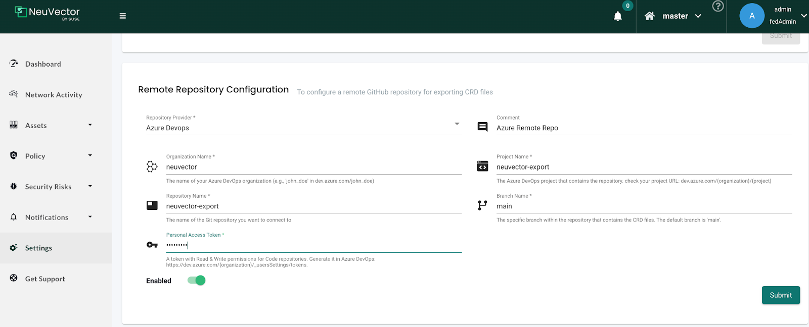 Example of an Azure DevOps remote repository configuration